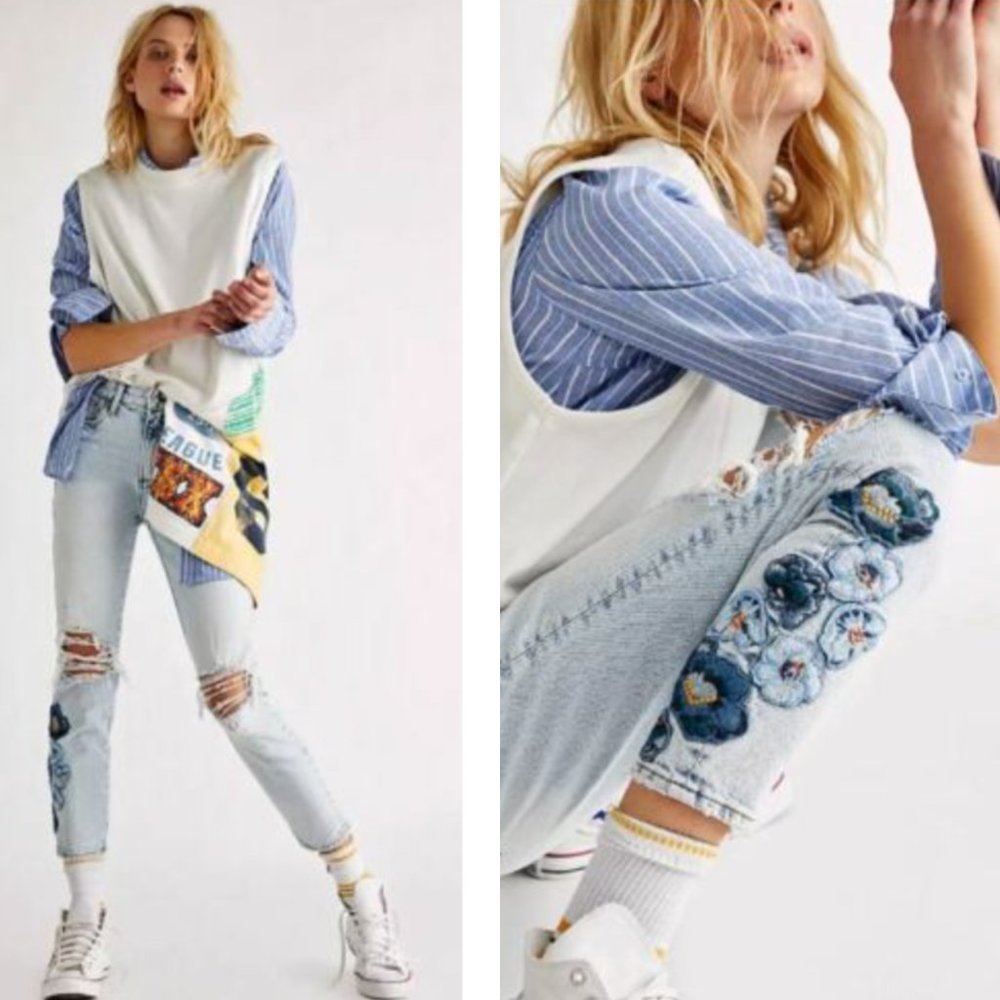 NWT Driftwood Free People Gizelle Distressed Jeans Blue Floral Embroidered
